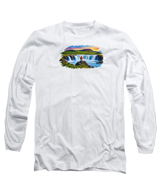 Traveler at Majestic Waterfall - Long Sleeve T-Shirt