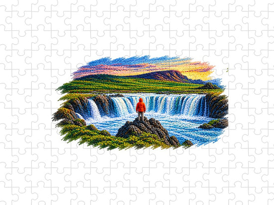 Traveler at Majestic Waterfall - Puzzle
