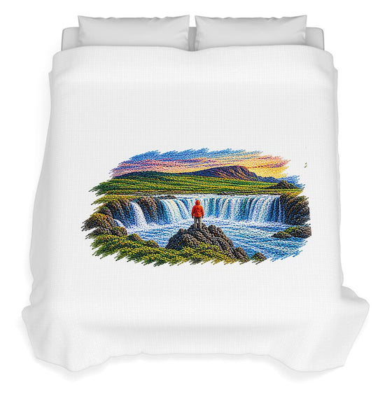 Traveler at Majestic Waterfall - Duvet Cover