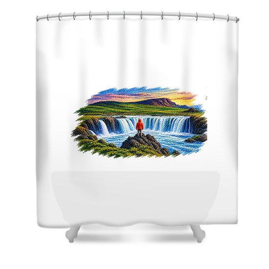 Traveler at Majestic Waterfall - Shower Curtain
