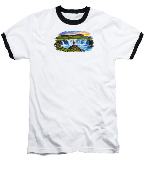 Traveler at Majestic Waterfall - Baseball T-Shirt