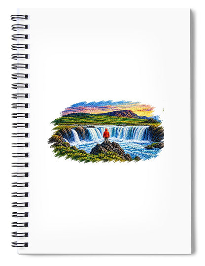 Traveler at Majestic Waterfall - Spiral Notebook