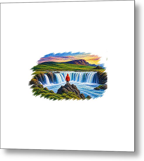 Traveler at Majestic Waterfall - Metal Print